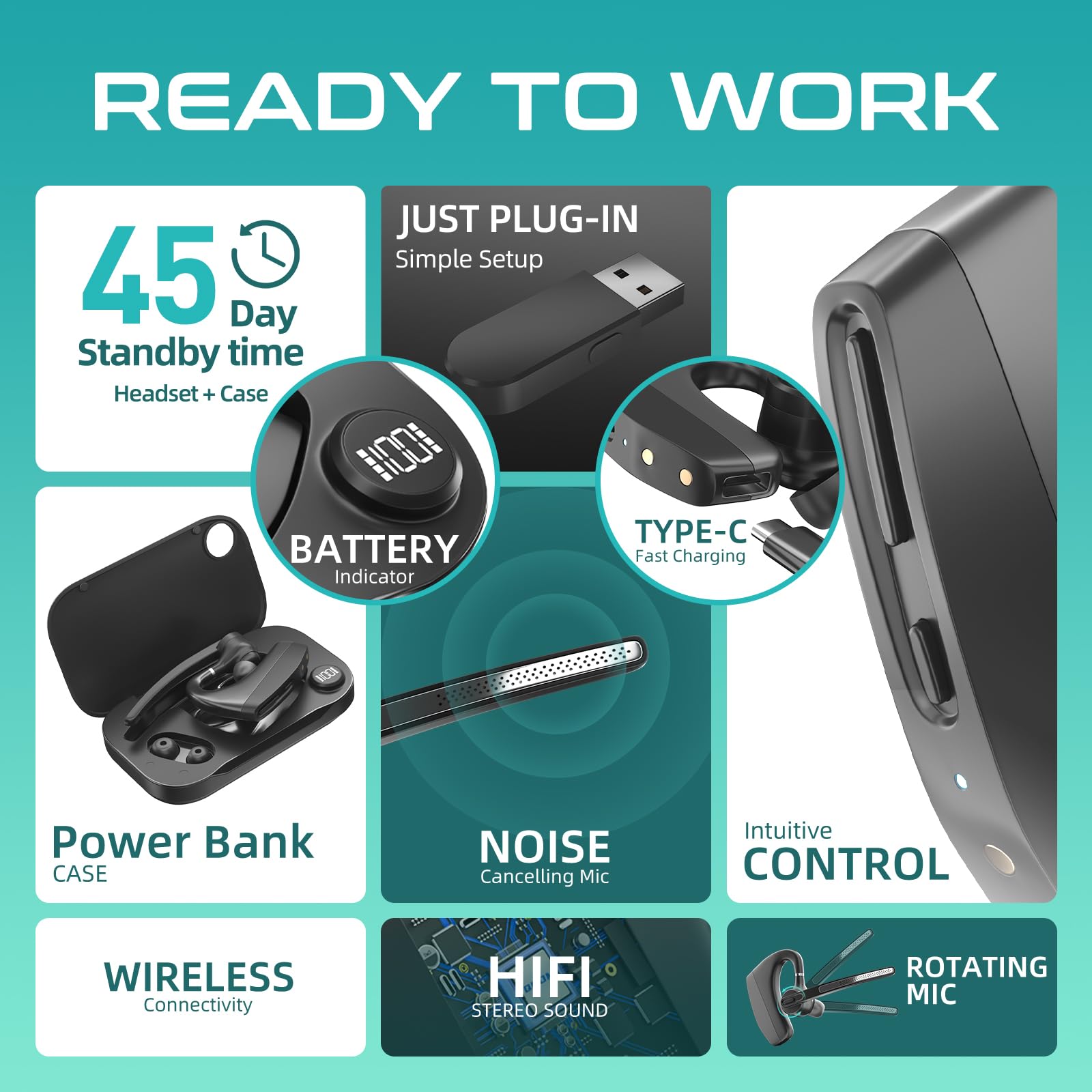 Bluetooth Headset With Noise Cancelling Mic, Bluetooth Earpiece For Business & Office Teams, Charging Case & Dongle For Iphone C